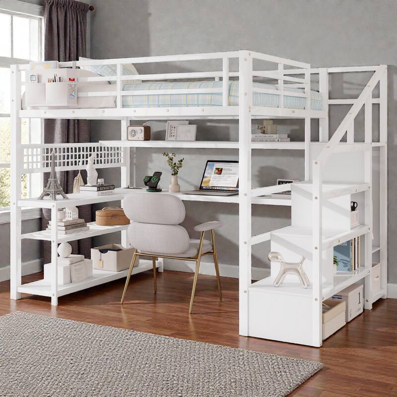 Full Size Metal Loft Bed with Staircase Storage, Wardrobe, Desk, Shelves, LED Lights and Charging Station