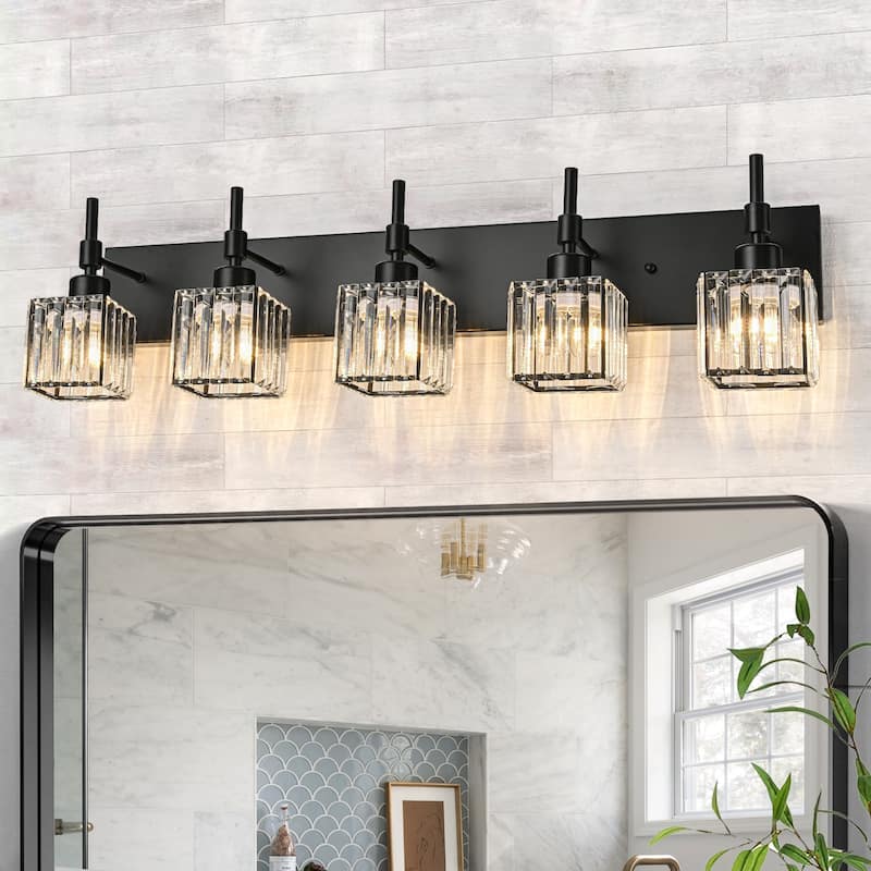 Ora Modern Dimmable Crystal Bathroom Light Fixtures Over Mirror Glam Vanity Lights - 5-Light - Black