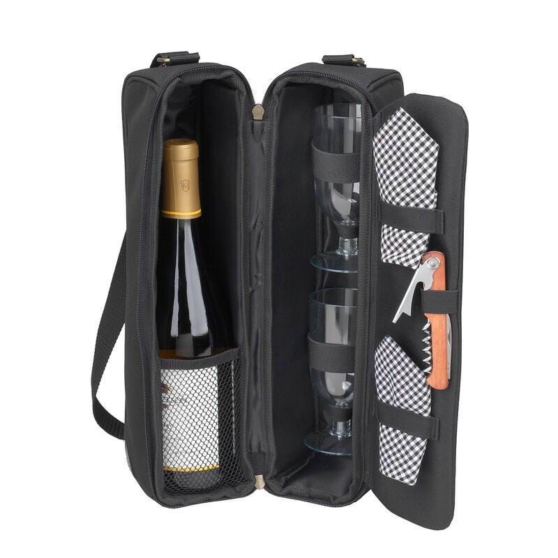 Picnic at Ascot - Insulated Wine Tote with 2 Wine Glasses, Napkins and Corkscrew - Black