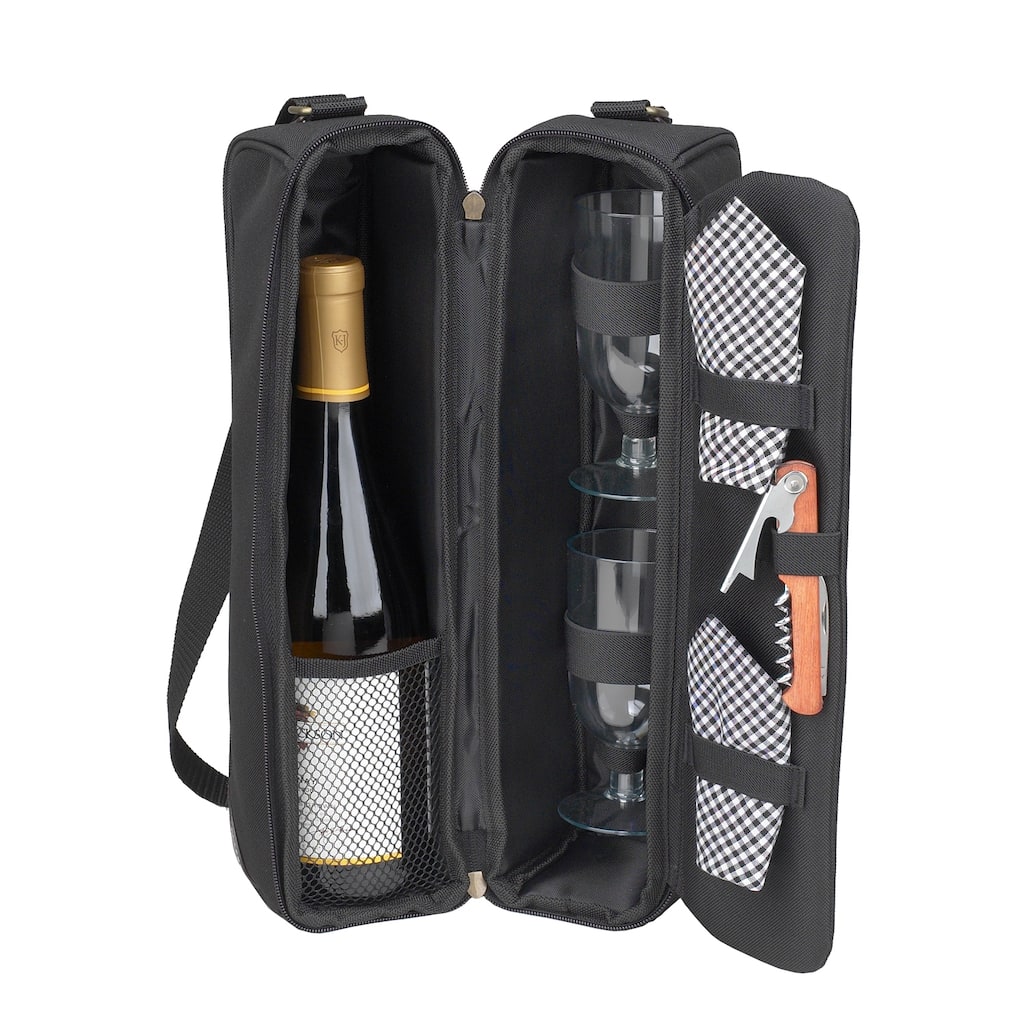 Picnic at Ascot - Insulated Wine Tote with 2 Wine Glasses, Napkins and Corkscrew - Black