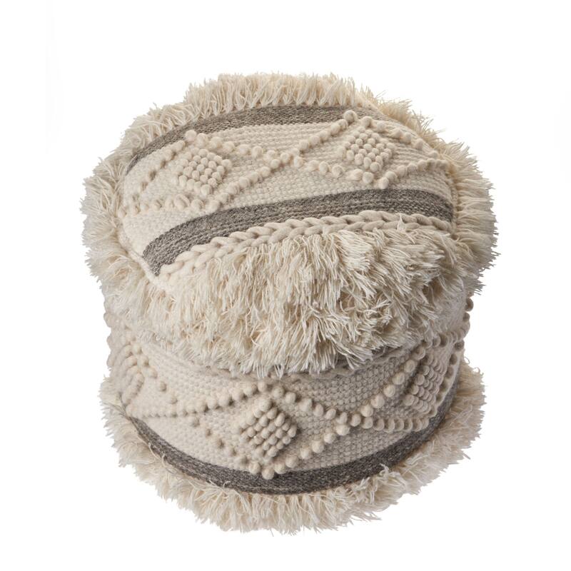 18" Cream and Brown Geometric Tufted Round Wool Pouf Ottoman