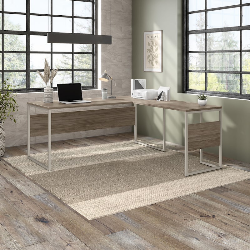 Hybrid 72W x 30D L Shaped Table Desk by Bush Business Furniture - Modern Hickory