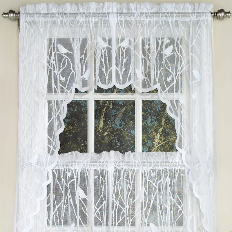White Knit Lace Bird Motif Window Curtain Tiers, Valance and Swag Pair Options - Swag Pair