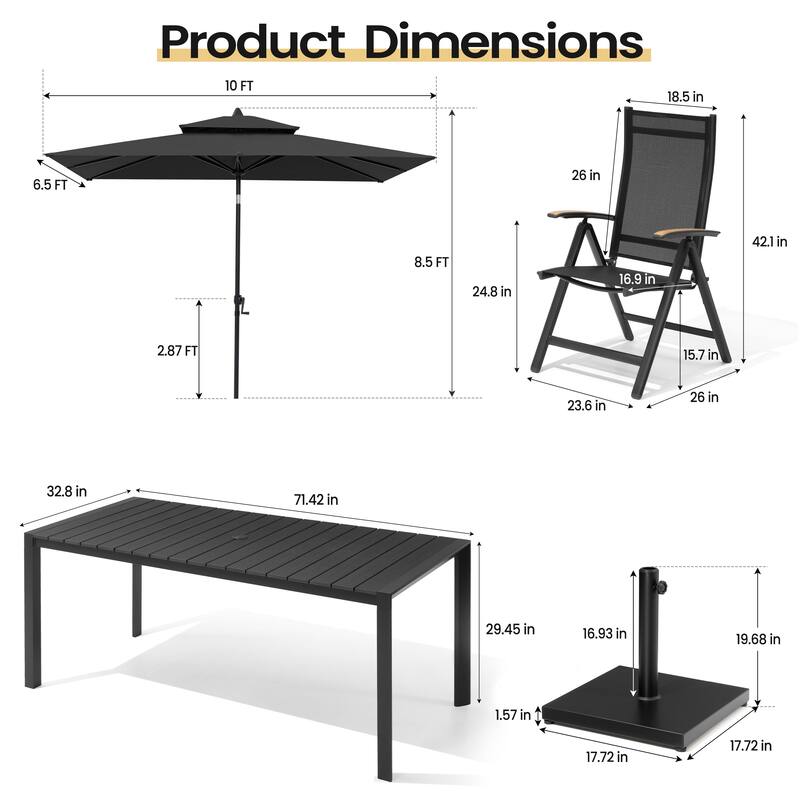9-Piece Outdoor Patio Dining Set Wood Like Aluminum Umbrella Hole Table with Folding Chairs, Market Umbrella and Base
