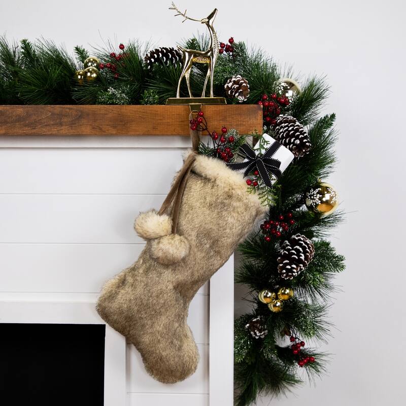 Faux Fur Christmas Stocking with Pom Poms - 20.5" - Beige and Brown