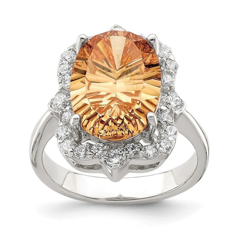 Curata 925 Sterling Silver Oval Polished Open back Champagne and Clear Color CZ Cubic Zirconia Simulated Diamond Ring
