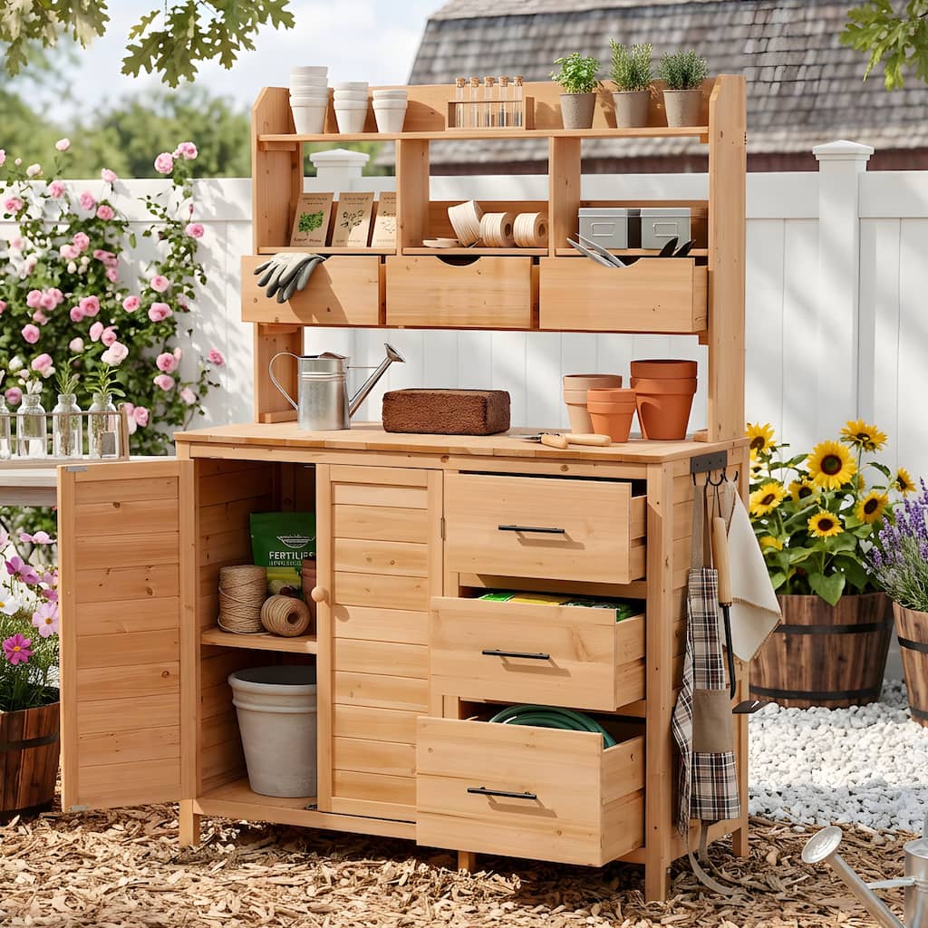 Roomfitters Garden Potting Bench with Storage Hutch, Outdoor Potting Table with 6 Drawers and Cabinets, Shelves