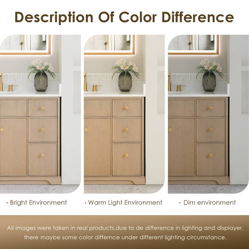 Barnett Bathroom Vanity in Natural Oak with Grain White Engineered Stone Countertop No Mirror