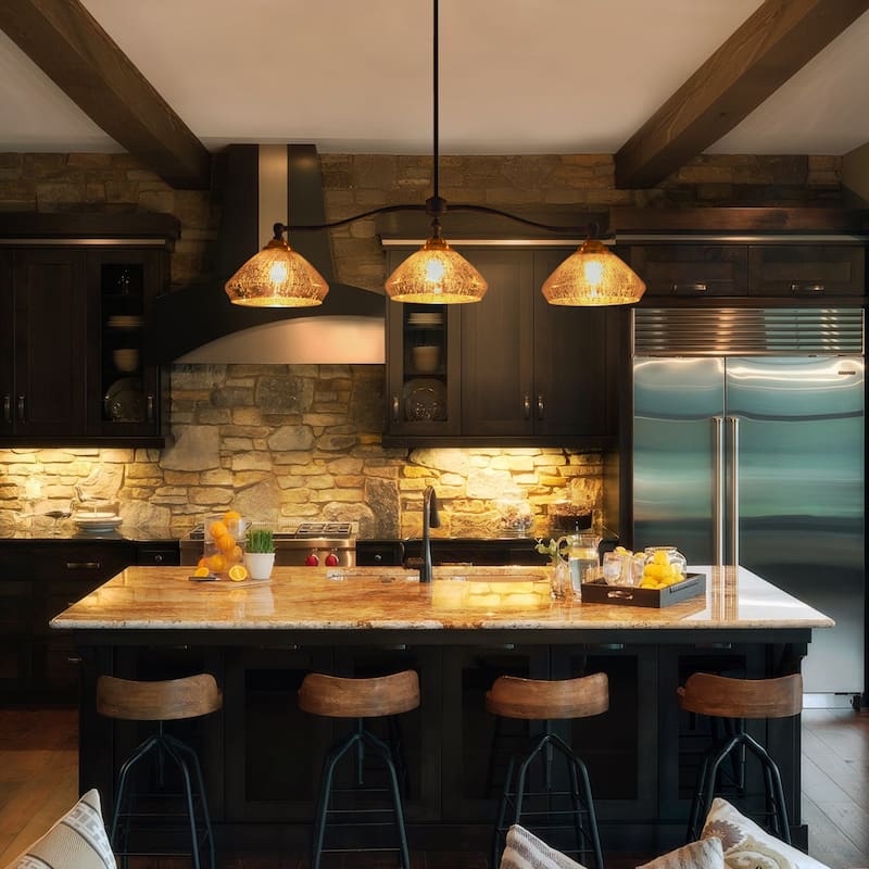 3-Light 39" W Industrial Black Linear Island Lights with Antique Brass Color Dome Glass Shade for Kitchen, Dining Room