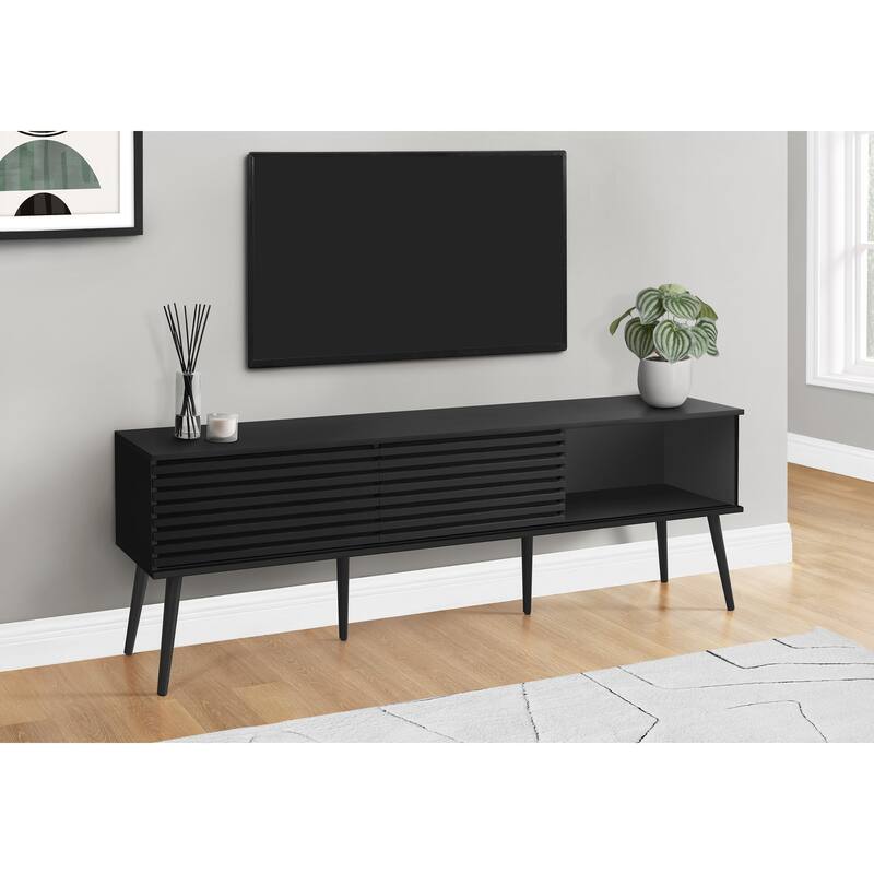 72-Inch TV Stand, Black Laminate, Solid Wood Legs, Media Console with Sliding Doors & Storage Shelves for Living Room
