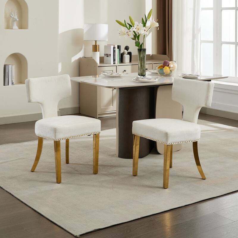 Mid Century Modern Chenille Dining Chairs Set of 2, Upholstered Accent Kitchen Chairs with Nailhead Trim & Gold Steel Legs