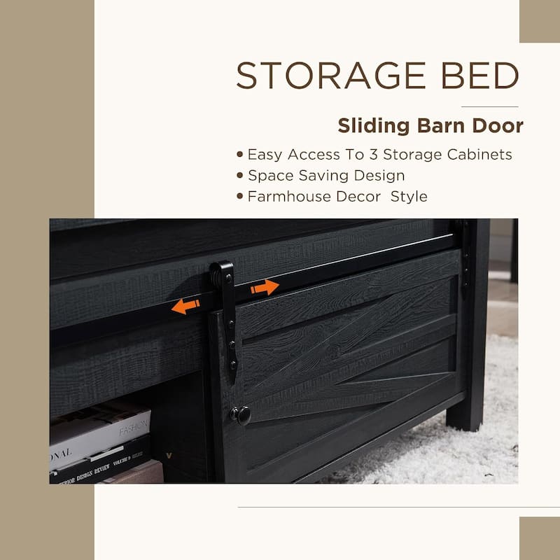 Farmhouse Queen Size Wood Bed Frame , with Cabinets and Headboard