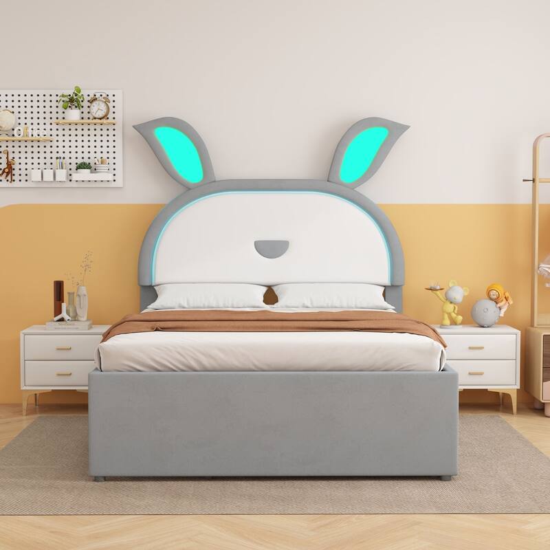 Upholstered platform bed with headboard with shelves and drawers