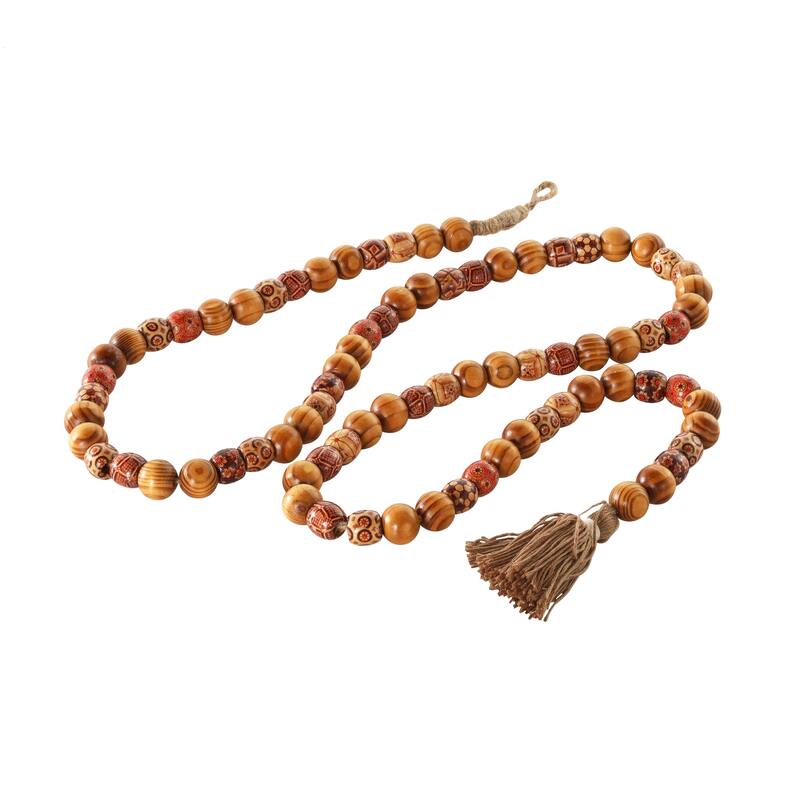Red or Brown Wood Handmade Long Beaded Garland with Tassel with Bohemian Patterns