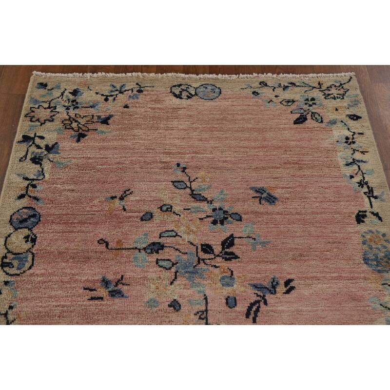 Pink Floral Oushak Vegetable Dye Runner Rug Hand-knotted Wool Carpet - 3'5"x 11'7"