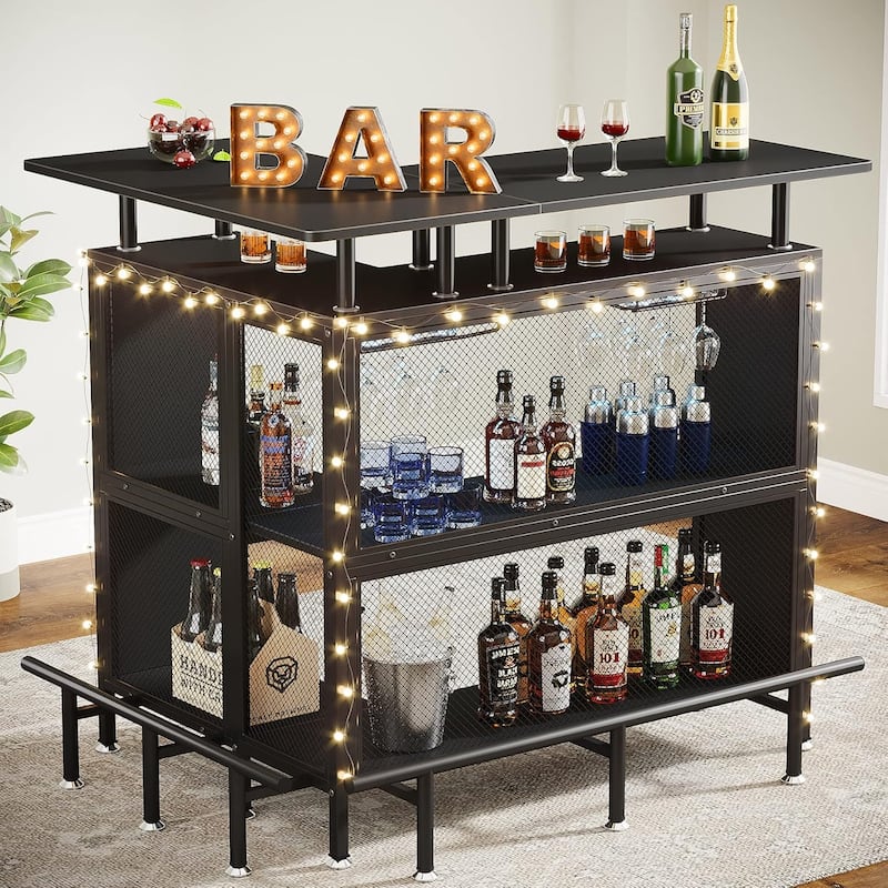 36" x 48" L-Shaped Home Bar Unit with Footrest 2-Tier Glass Shelves, Black