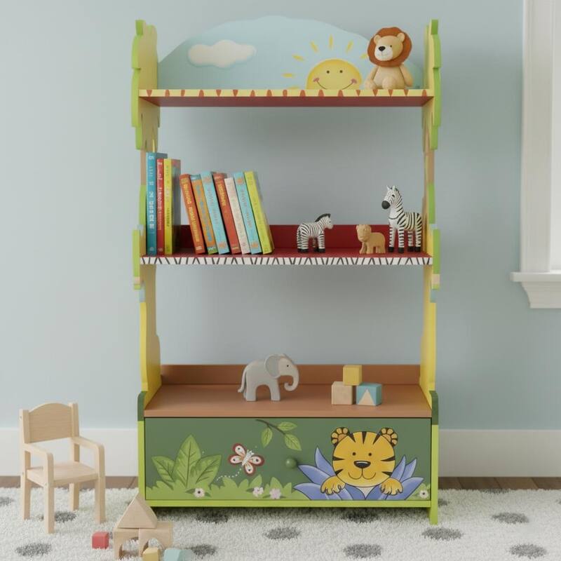 Fantasy Fields Sunny Safari Kids 3-Tier Bookshelf with Storage Drawer, Animal-Themed Wooden Bookcase for Toddlers and Children - Blue