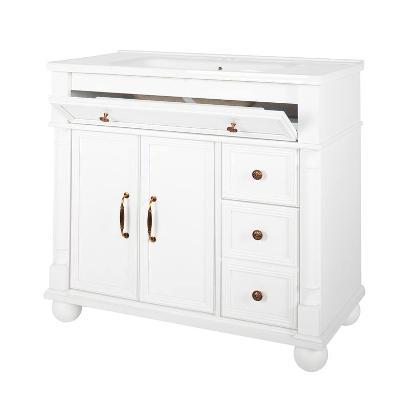 35.6-Inch Mid-Century Bathroom Vanity Sink with Roman Column Base, Farmhouse Freestanding Vanity Cabinet