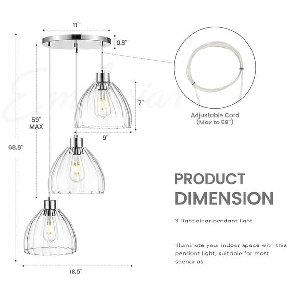 dimension image slide 0 of 2, 3-Light Cluster Pendant Light, Pendant Light, Blue/Clear Glass