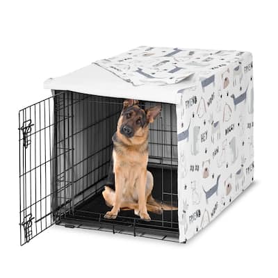 Sweet Jojo Designs Cartoon Puppy Print Dog Crate Kennel Cover 48in. Grey Taupe Blue White Modern Bulldog Wiener Doggy Paw Print