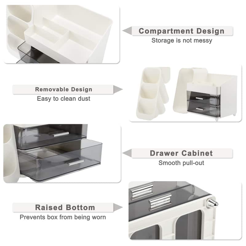 Makeup Organizer Three-Layer Cosmetic Storage w/ Drawer for Vanity Holder White - 13.46"x6.89"x9.84"