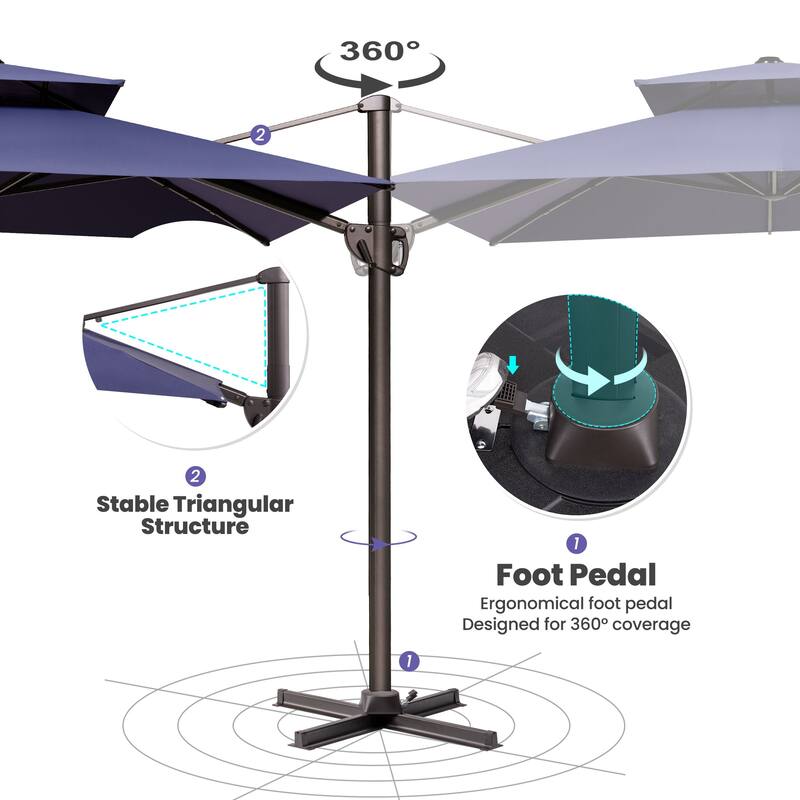 9 x 12 ft Double Top Patio Cantilever Umbrella with No Base, 360-degree Rotation