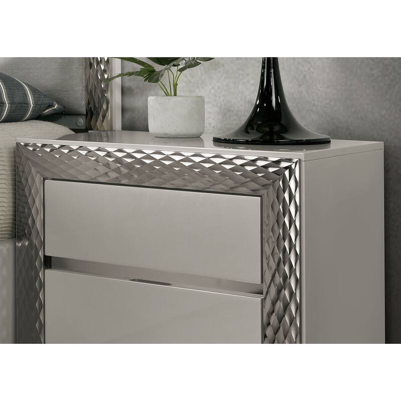Glam Nightstand - Gray Finish with Plinth Base & Silver Molding