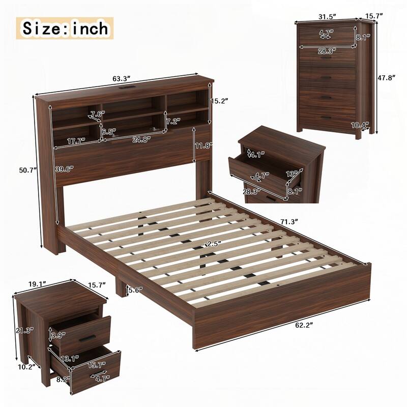 Wooden Bed Frame with Storage Headboard and Charging Station Bedroom Sets