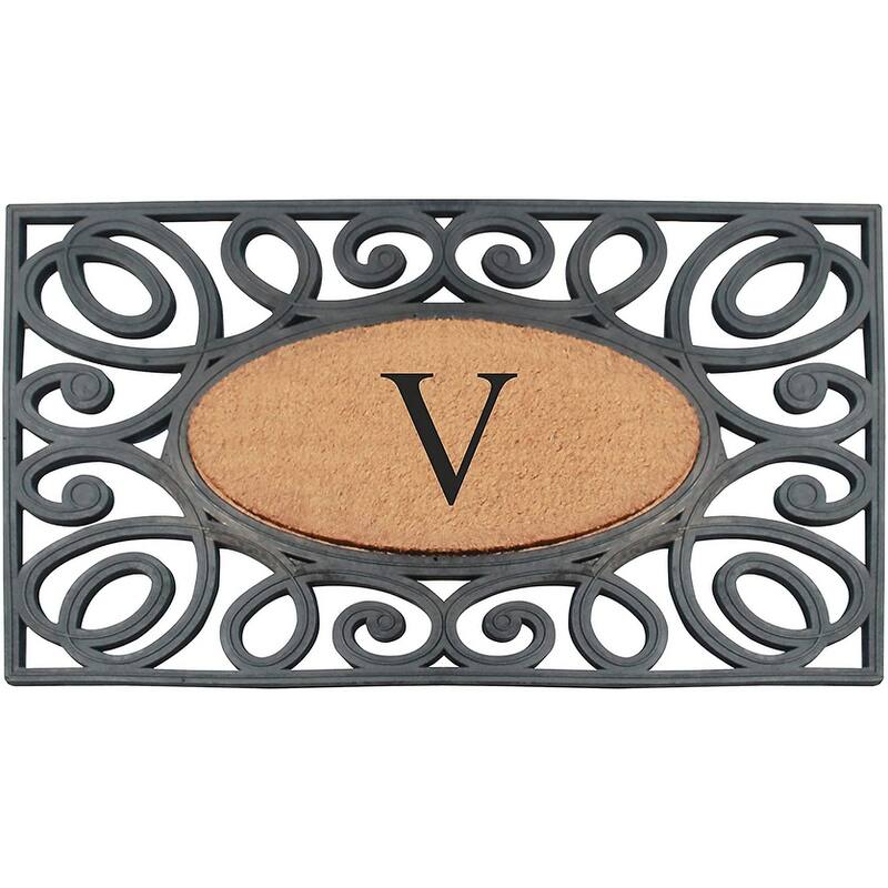 A1HC Rubber and Coir Elegant Circles Monogrammed Double Door Doormat 23"X38" - 23"X38" Black - V
