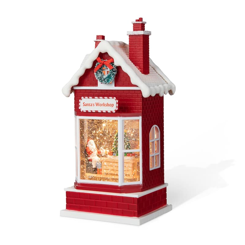Glitzhome 10.5"H Lighted Swirling Snow Santa's Workshop Waterglobe - LED Snow Globe