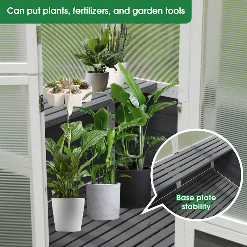 Greenhouse, Wooden Greenhouse Polycarbonate Garden Shed for Plants, Grow House with Front Entry Door