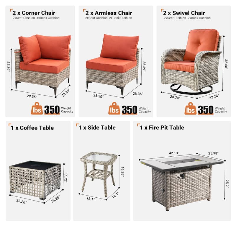 OVIOS 9 Pieces Outdoor Wicker Swivel Chair Set With Fire Table