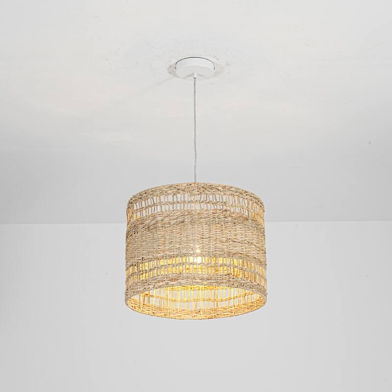 1-Light Boho Coastal Cylindrical Drum Woven Pendant Light with Matte White Finish and Herbaceous Rattan Shade