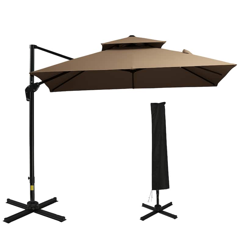 10ft Offset Patio Umbrella with Base, Double Top Hanging Aluminum Cantilever Umbrella with 360-degree Rotation, Easy Tilt