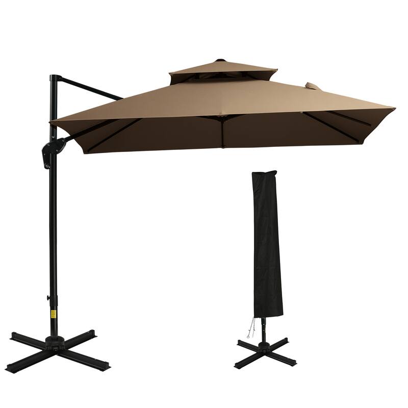 Patio Outdoor Parasol, 2 Top Hanging Aluminum Cantilever Umbrella with Base 360 ​​Degree Rotation 8 Ribs, for Garden