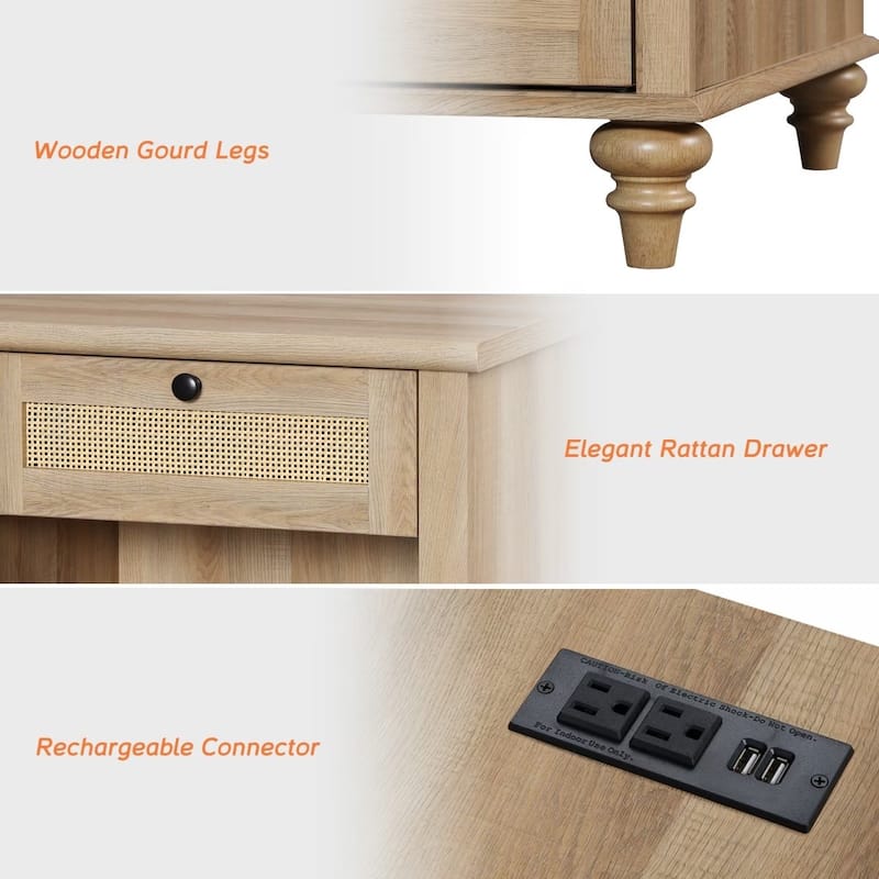 Mid Century End Table Nightstands with Charging Station & Drawer
