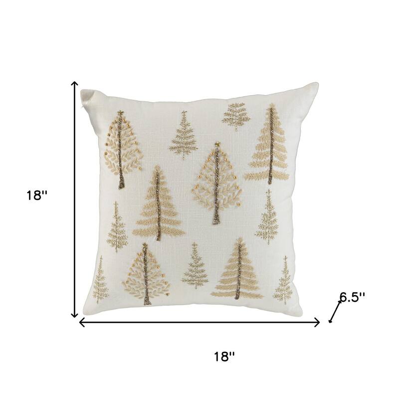 18" Natural Silver And Gold Cotton Christmas Trees Throw Pillow With Beads And Embroidery