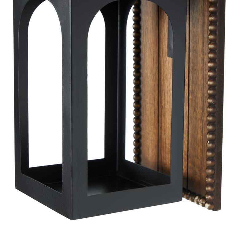Metal Suspended Arched Cutout Wall Sconce with Brown Wood Backing and Beaded Edge - Black - Roche River Decor