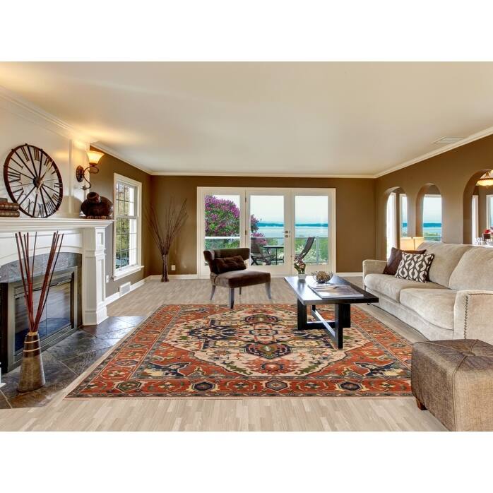 Peach Geometric Heriz Serapi Indian Area Rug Hand-Knotted Wool Carpet - 8'11" x 11'8"