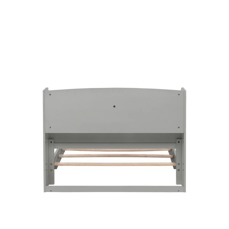 Twin Size Pine Bed w/ Bookcase Headboard ,LED Sensor Light, Guardrails