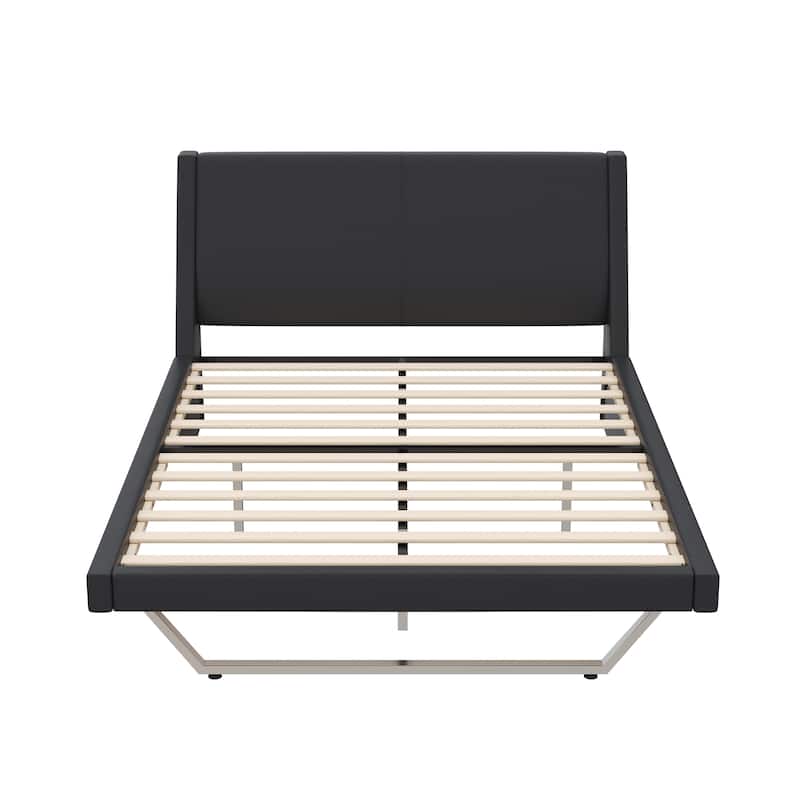 Wave-Like Curve Design Platform Bed Pu Leathe Upholstered Bed Frame Wooden Slat Support