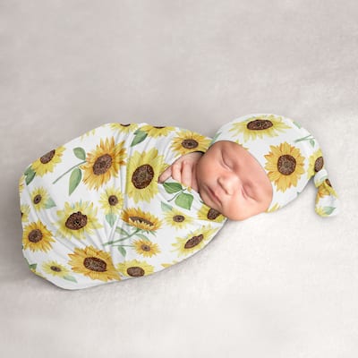 Sunflower Collection Girl Baby Cocoon and Beanie Hat Sleep Sack - 2pc Set - Yellow and Green Farmhouse Floral Watercolor Flower