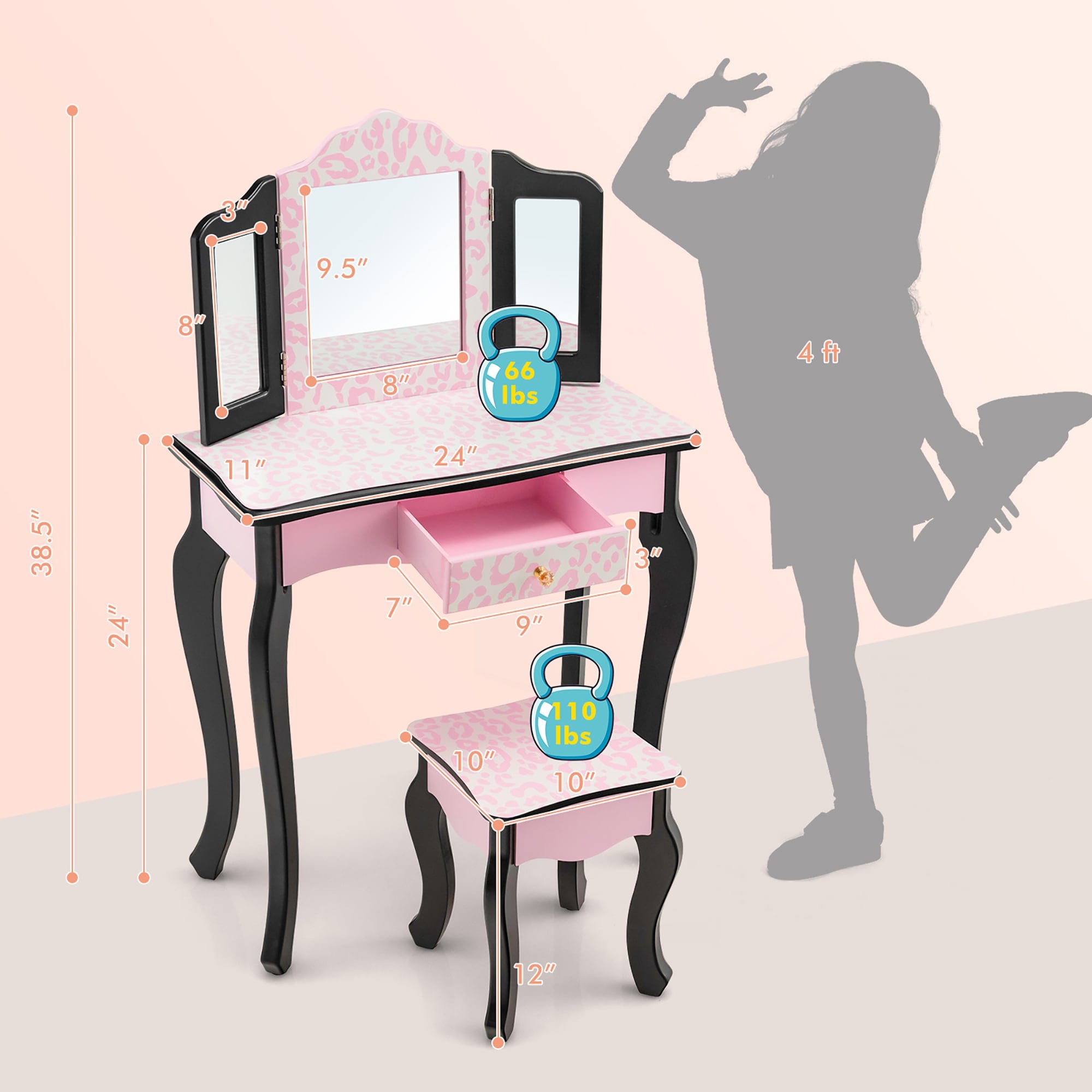 Kid Vanity Set Wooden Makeup Table Stool Tri-Folding Mirror Kid Vanity Set Wooden Makeup Table Stool Tri-Folding Mirror