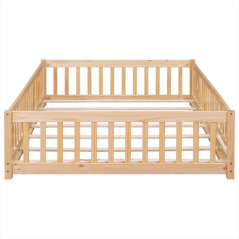 Floor Platform Bed with Fence Guardrails and Door