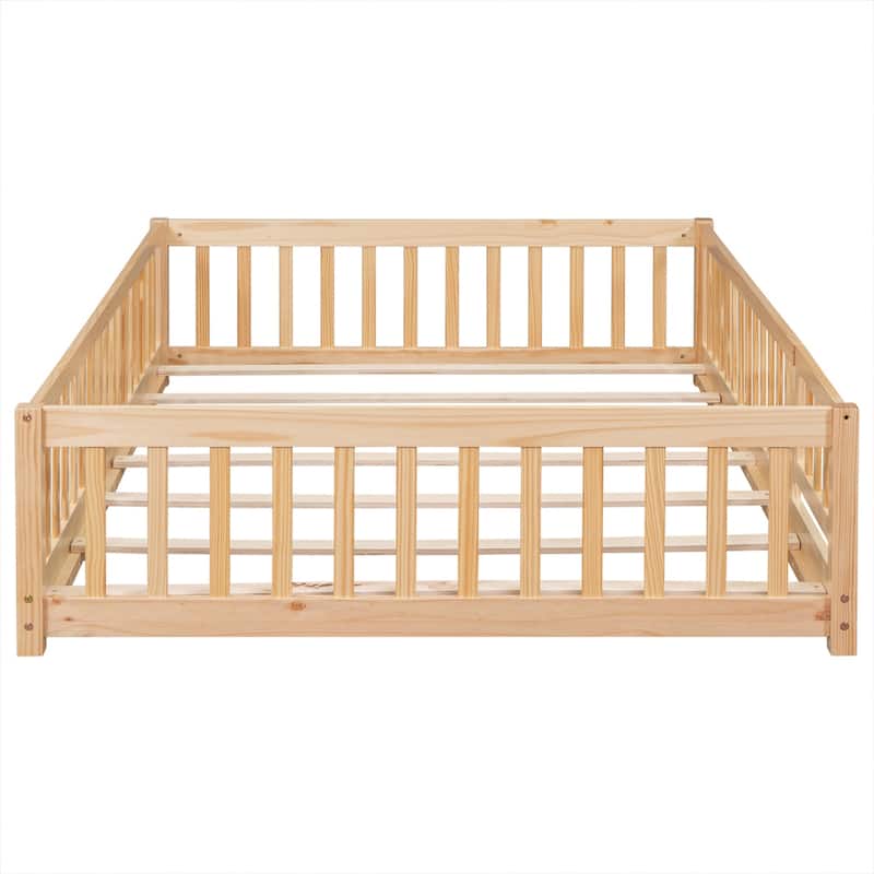 Full size Floor Platform Bed with Fence and Door for kids, toddlers