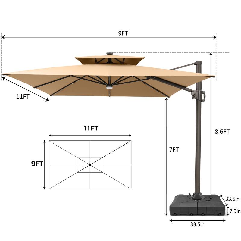 9 X 11 FT Outdoor Patio Cantilever Umbrella with Solar Lights Wheeled Base Double Canopy 360 Rotation Tilt