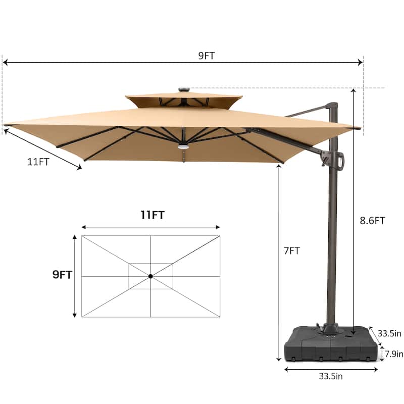 Pellebant 9x11FT Outdoor Dual Top Cantilever Patio Umbrella LED Light with Wheel Base
