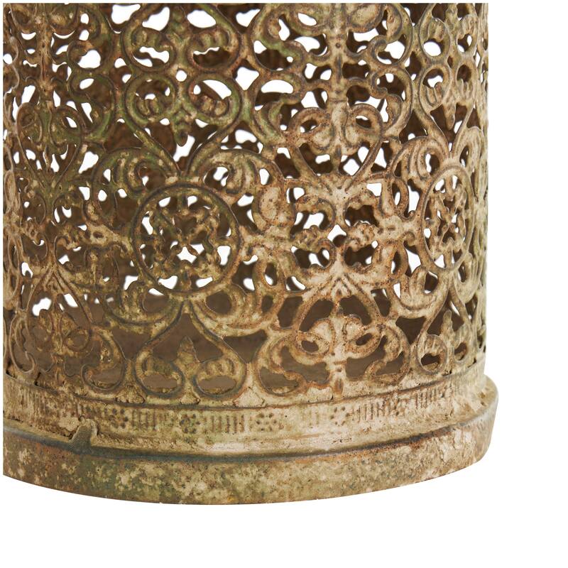 Brown Metal Distressed Vintage Inspired Ornate Scroll Candle Lantern (Set of 2)