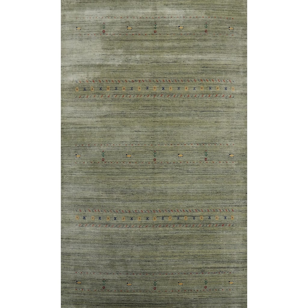Green Wool Tribal Gabbeh Oriental Area Rug, Handmade Modern Carpet - 9' 10'' X 6' 6''
