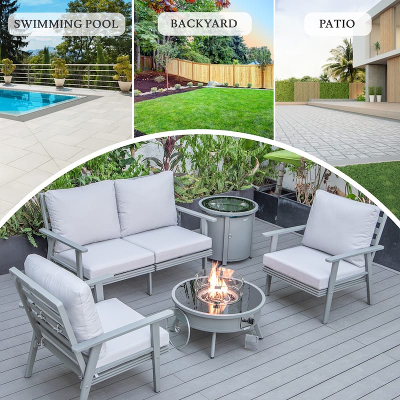 Walbrooke 4-Piece Outdoor Powder-Coated Frame Patio Furniture Set with Fire Pit Table, Tank Holder and Polyester Cushions